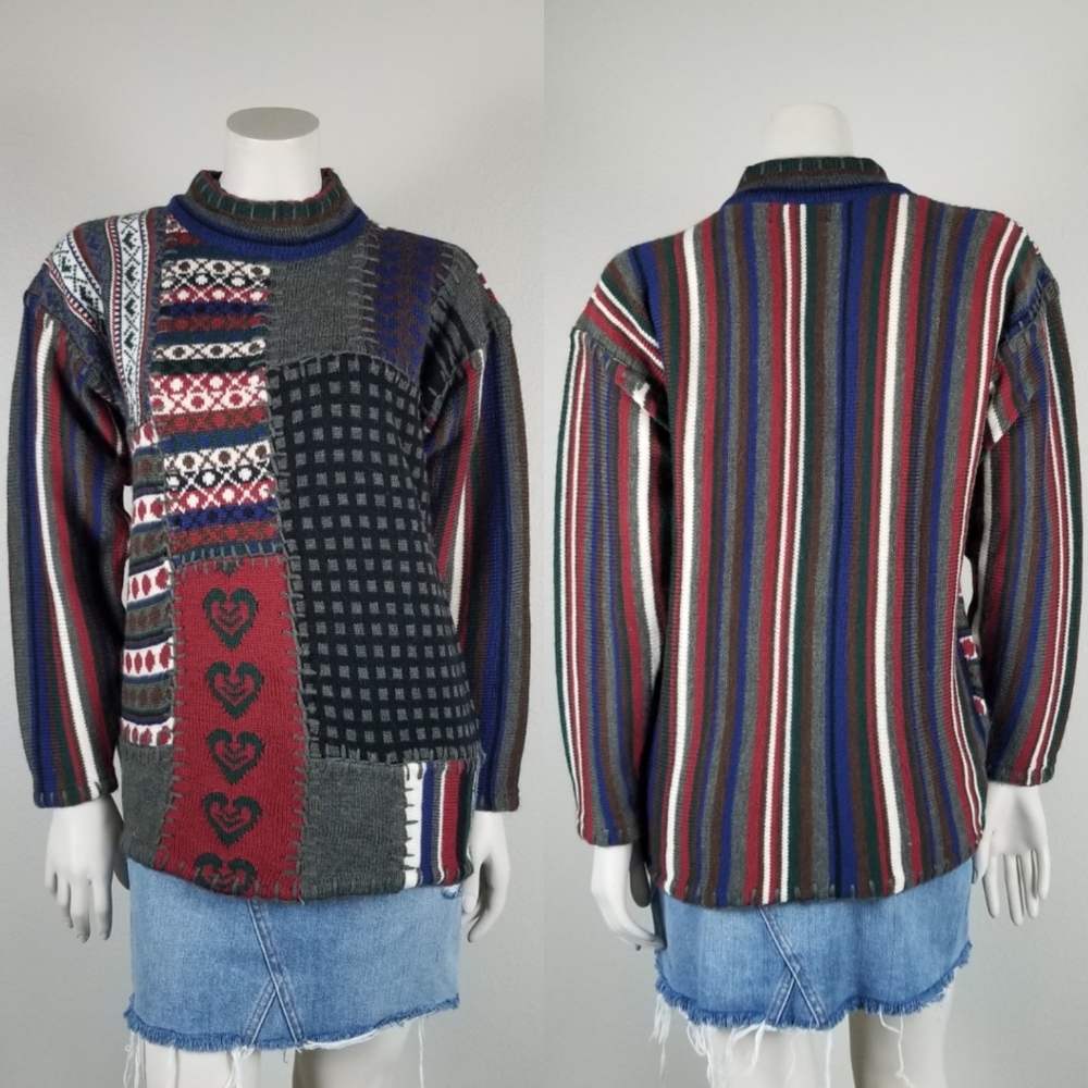 Vintage 80s Patchwork Blanket Stitch Wool Blend Mock Neck Sweater Size Small